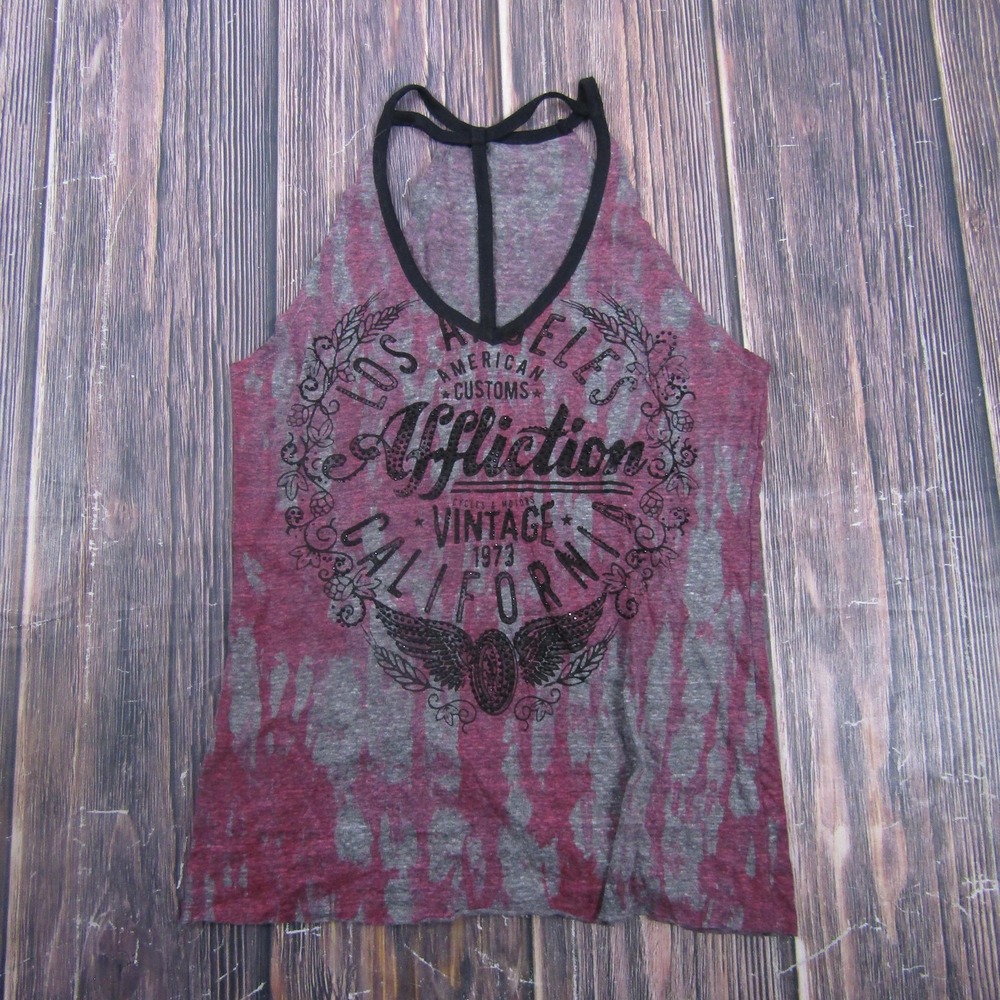 Affliction Tank Top Womens S Red Halter Sleeveless Los Angeles Graphic Burnout